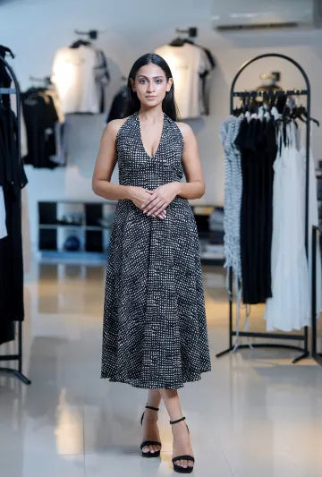 GEOGET B&W CHECK CHECK BACKLESS LONG DRESS BOW416 (EES)