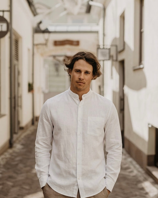 Chinese Collar White Long Sleeve Shirt